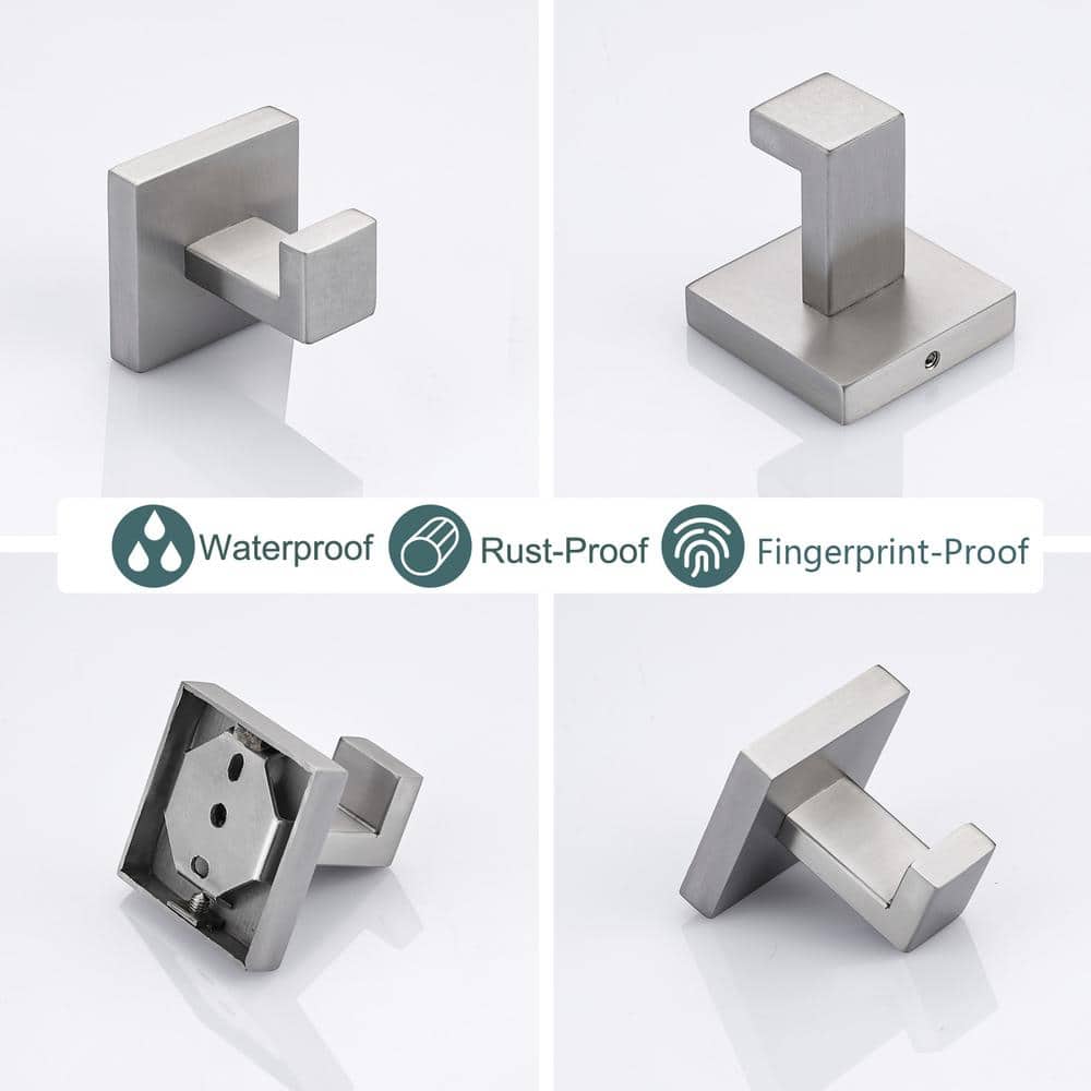 Brushed Nickel Square Base Wall Mounted Towel Hooks, Set of 4