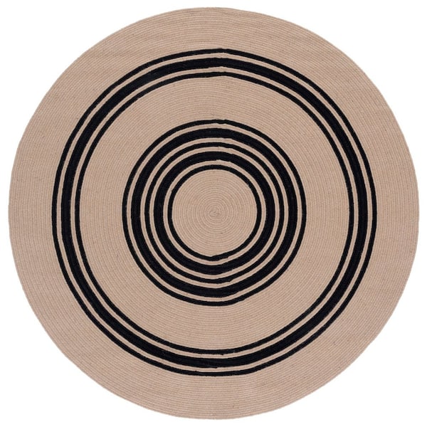 Braided 5 ft. x 5 ft. Natural/Black Solid Striped Round Area Rug