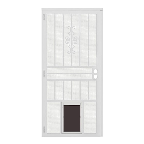 36 in. x 80 in. Left Hand/Outswing Hinging White Surface Mount Steel Security Door w/Expanded Metal Screen w/Pet Door