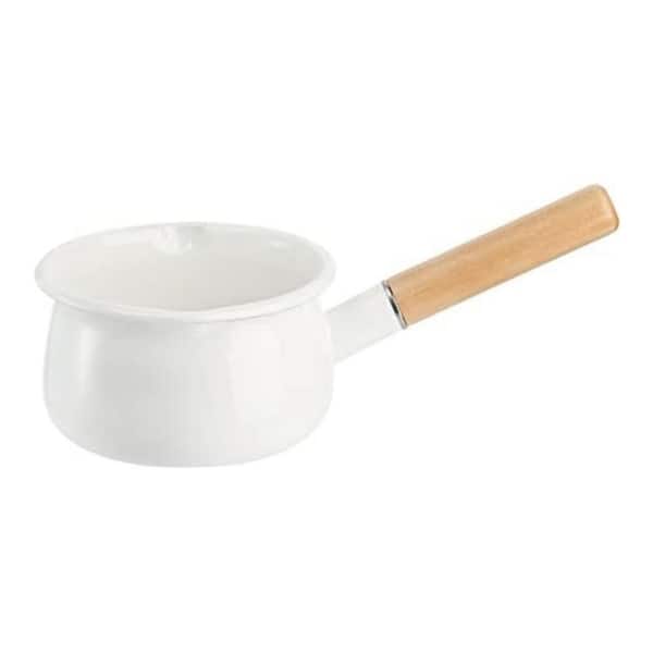 Enamel Milk Pan with Dual Pour Spout, 1 qt. Small Saucepan, White Enamel on Steel, Wooden Handle, Stove Top Compatible