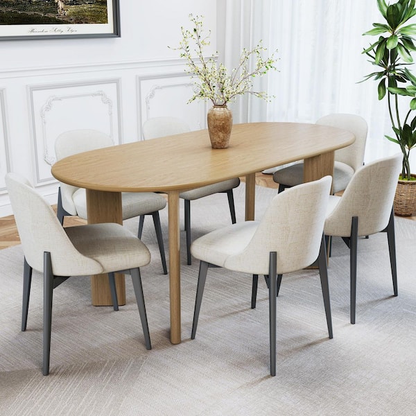 7-Pieces Natural Oval Wood Top 4-Leg Dining Table Set 6-Seats with Wood Frame, Upholstered Ergonomic Dining Chair