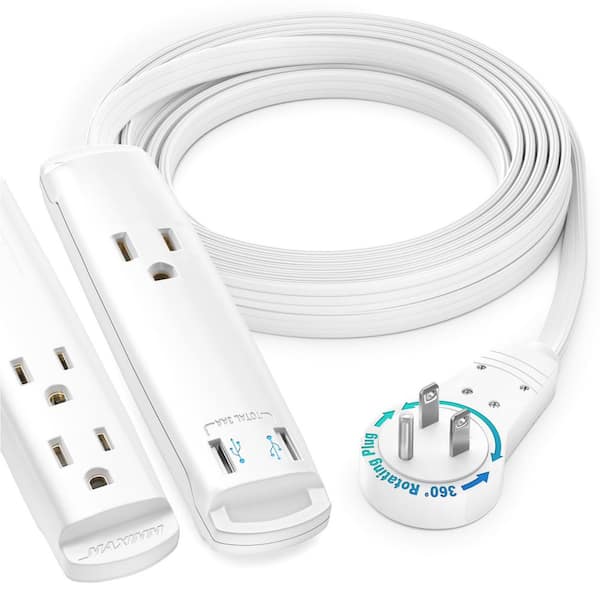 12 ft. 16 / 3 Light Duty Indoor Extension Cord with 360° Rotating Flat Plug and USB 3-Outlet White