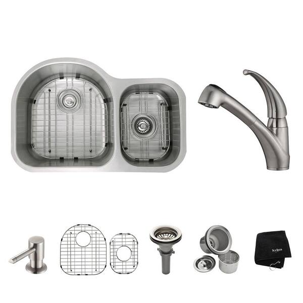 KRAUS All-in-One Undermount Stainless Steel 29 in. Double Basin Kitchen Sink with Faucet and Accessories in Stainless Steel