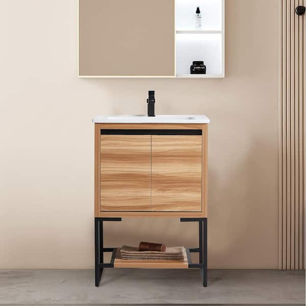 FUNKOL 24 in. W x 18 in. D x 35 in. H Bath Vanity in Brown (Maple) with White Ceramic Top