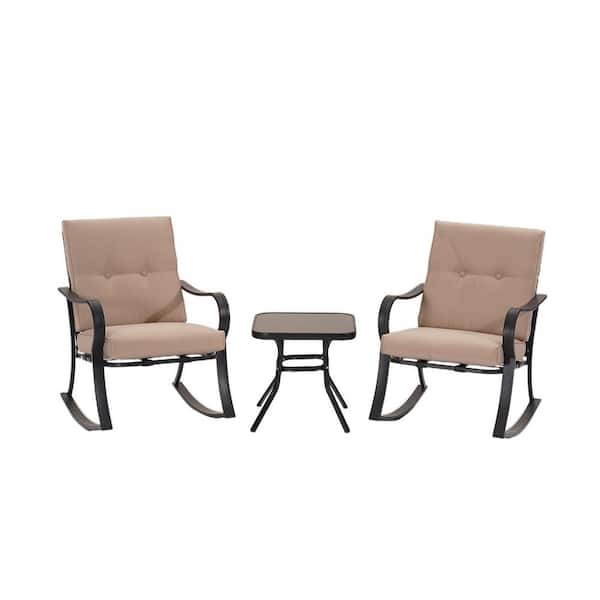 Unbranded 3-Piece Metal Patio Conversation Set 2 Rocking Chairs, Coffee Table with Tan Cushions