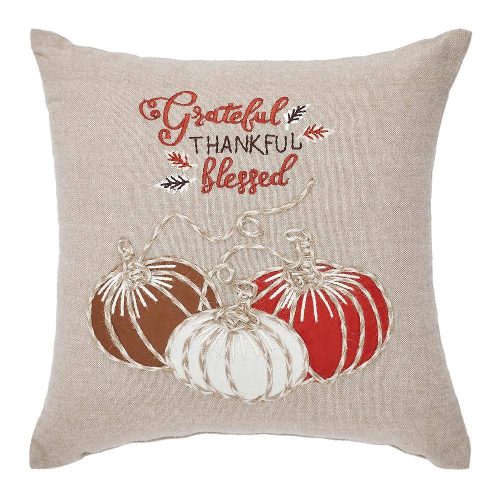 Grateful Thankful Blessed Embroidered Cotton Blend Thanksgiving Pillow