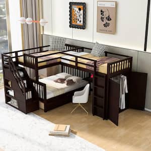 L-Shaped Espresso Twin-Twin Over Full Bunk Bed with Built-in Storage Staircase, Foldable Desktop, Wardrobe, 3-Drawer