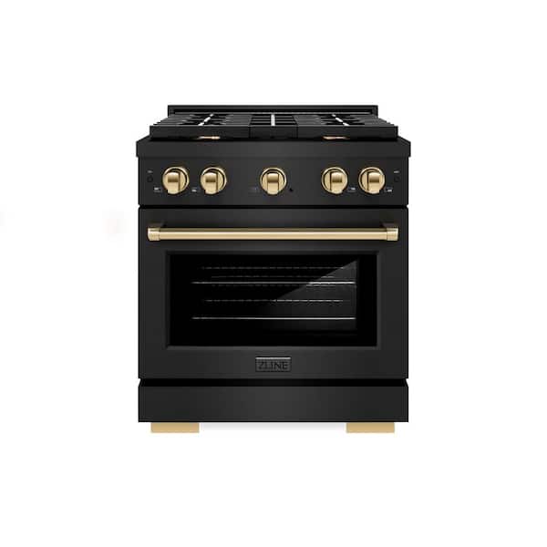 ZLINE Kitchen and Bath Paramount 30 in. 4-Burner Dual Fuel Range with Convection Oven in Black Stainless Steel and Polished Gold Accents