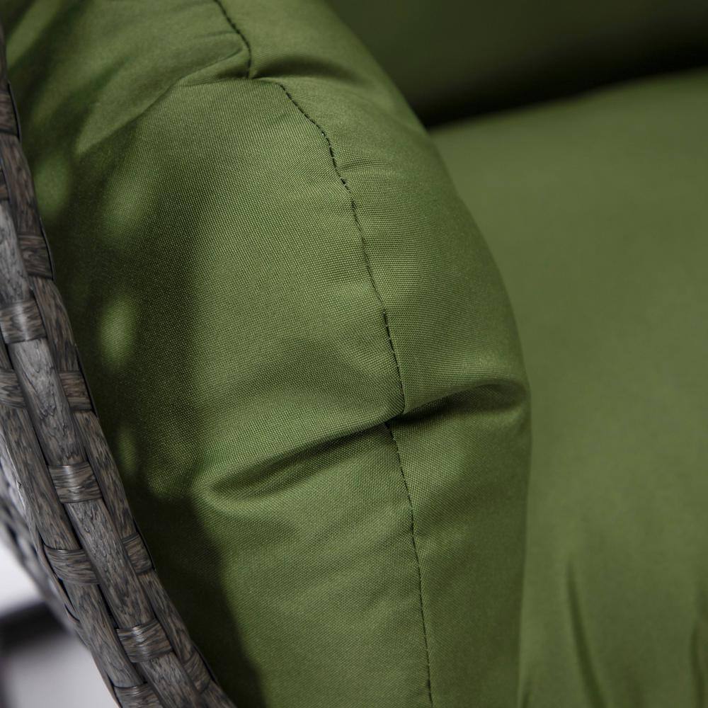 Charcoal Wicker Hanging Egg Chair with Dark Green Cushions