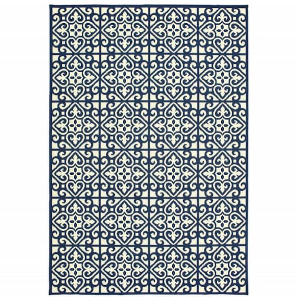 Ivory, Blue 2 ft. x 4 ft. Loomed Geometric Polypropylene Rectangle Indoor/Outdoor Area Rug