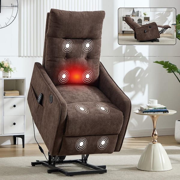 Brown Chenille Power Lift Recliner Chair with Heating Massage and USB Port