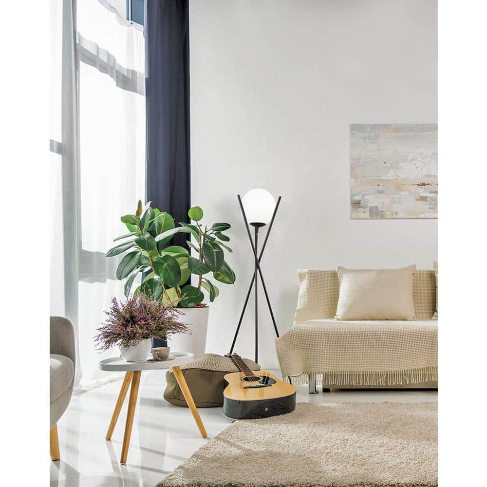 Salvezinas Adjustable Black Tripod Floor Lamp with White Glass Sphere