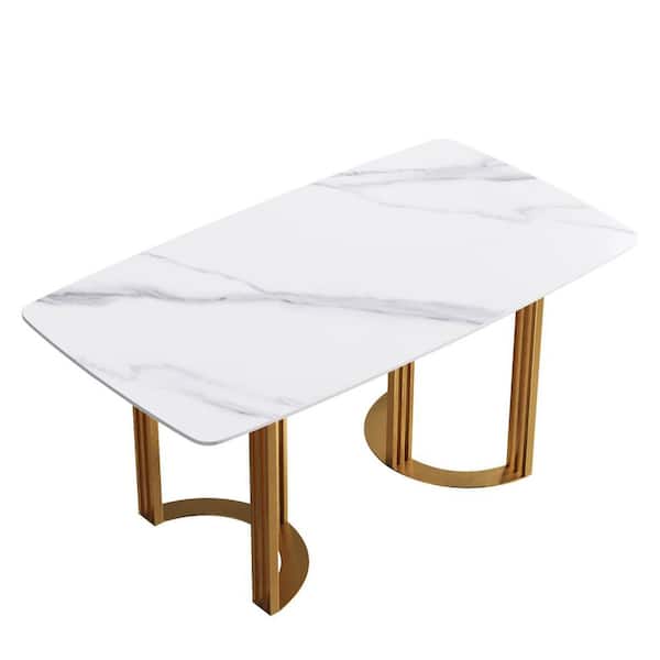 Magic Home 63 in. Round Edge Sintered Stone White Rectangle Top Pedestal Gold Metal Base Dining Table (Seats-6)