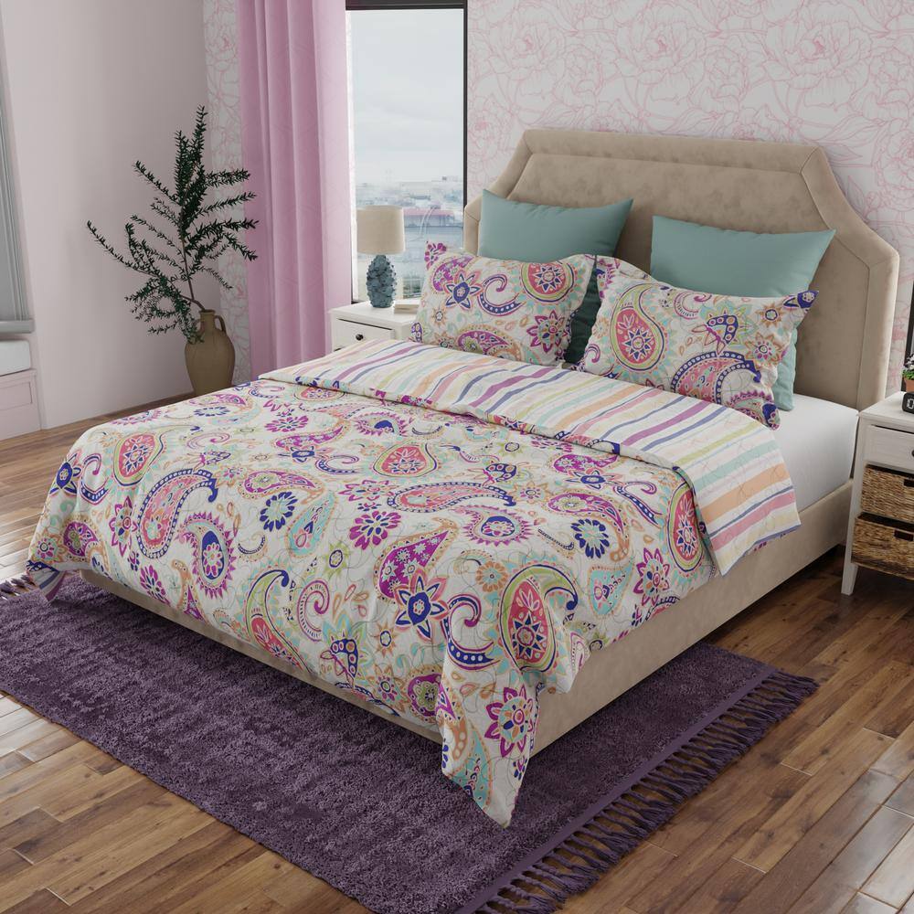 Cali Multicolor Paisley Reversible Microfiber Queen Quilt Set