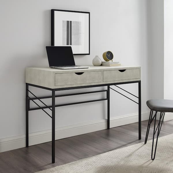 Welwick Designs 44 in. Rectangular Off White Faux Shagreen Wood and Metal 2-Drawer Writing Desk