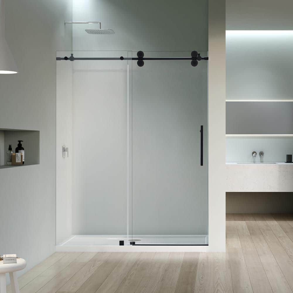 Altair Matte Black Frameless Sliding Shower Door with Clear Glass