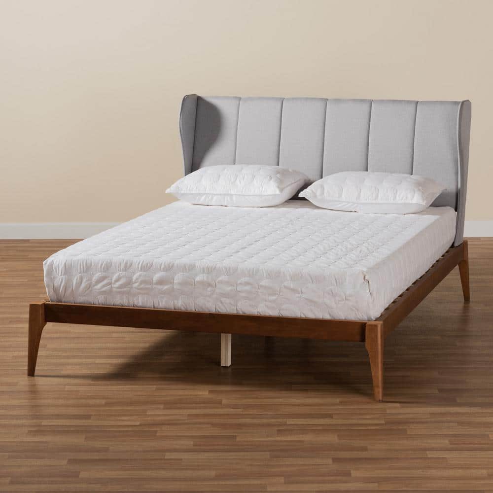 Royce Queen Walnut Wood Frame Gray Upholstered Wingback Bed