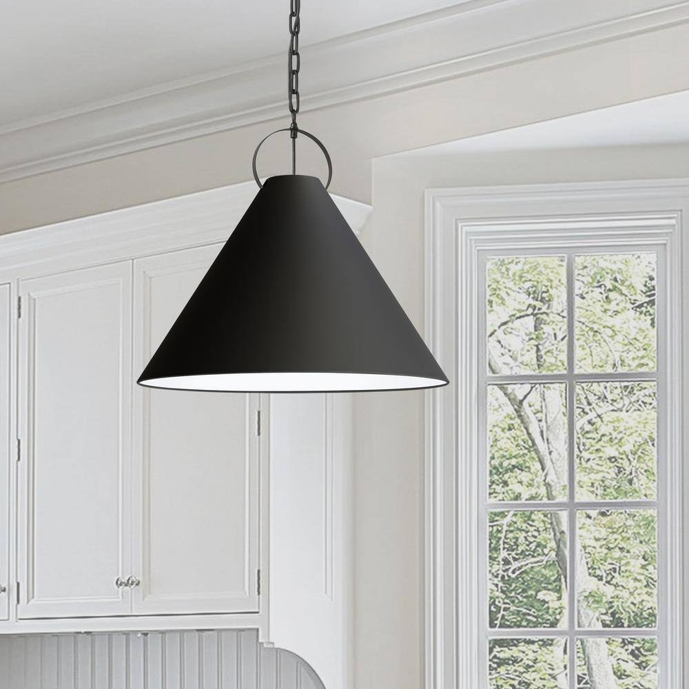 Matte Black Modern 24" Drum Pendant Light with White Shade