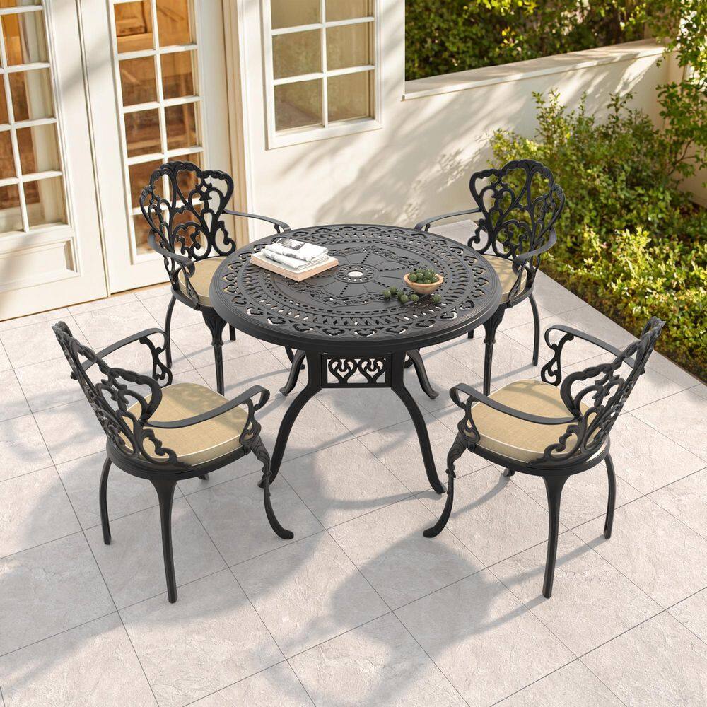 Lily Black 5-Piece Cast Aluminum Outdoor Dining Set with Round Table and Dining Chairs with Off-white Cushion price history on PriceWatchPro