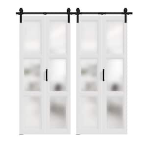 72 in. x 84 in. 36 in. x 2 White, MDF, Frosted Glass, Bi-Fold Style, 3-Lite Glass Panel Barn Door Slab with Hardware Kit