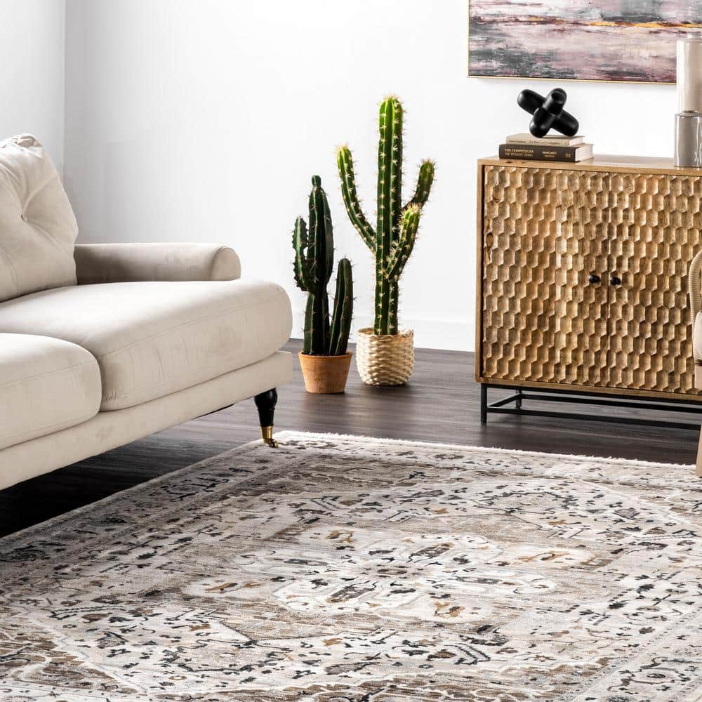 Beige Tufted Synthetic Medallion Runner Rug, 2'8" x 8'
