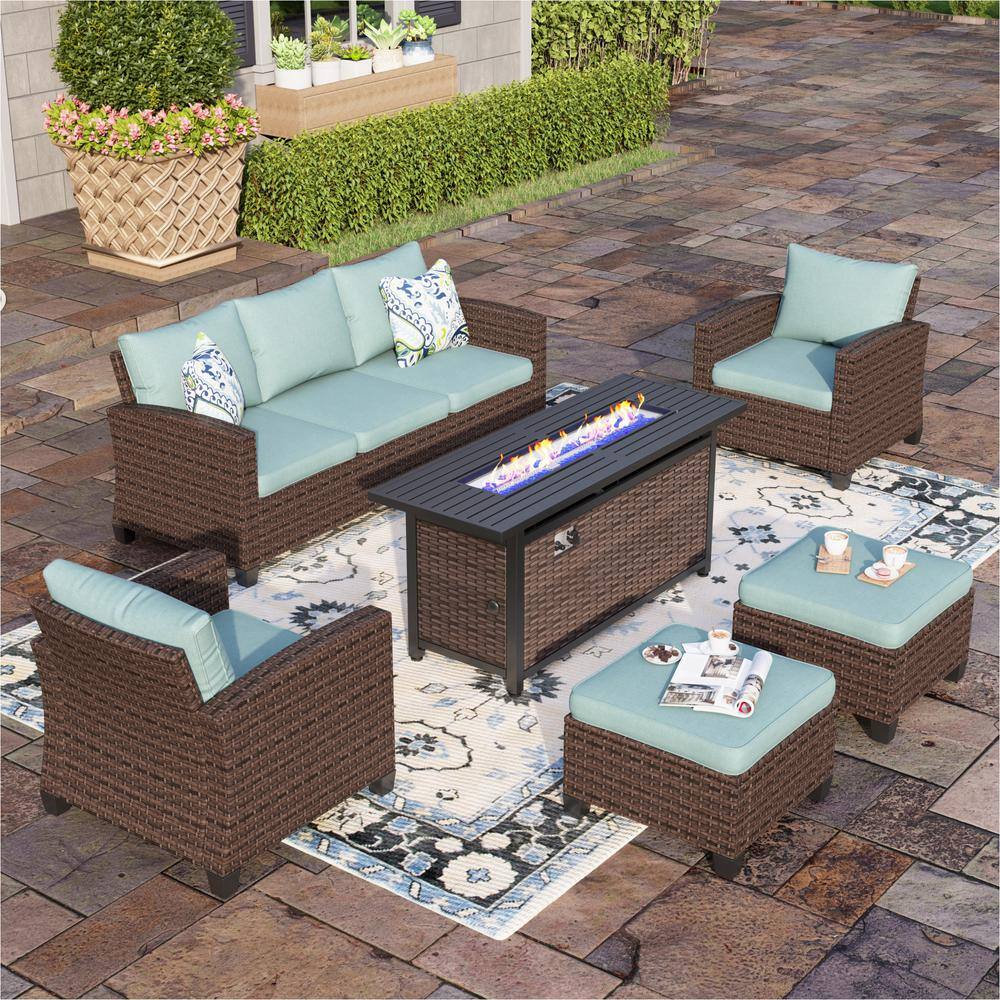 Phi Villa Brown 6-piece Rattan Steel Outdoor Patio Conversation Set 