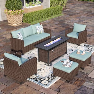 Dark Brown 6-Piece Rattan Wicker Metal Outdoor Patio Conversation Set with Blue Cushions, Rectangle Fire Pit, Ottomans