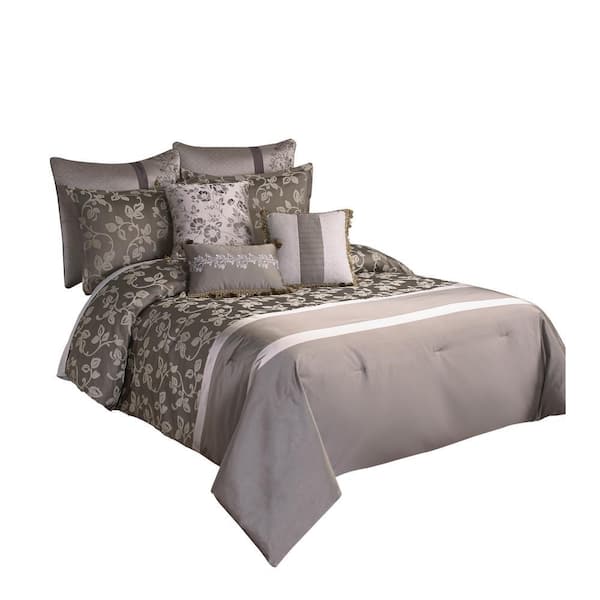 Benjara 9-Piece Gray Floral Polyester Queen Comforter Set