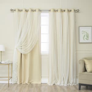 Beige Dotted Tulle Lace Solid 52 in. W x 84 in. L Grommet Blackout Curtain (Set of 2)
