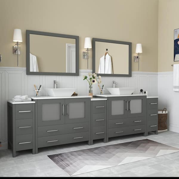 Ravenna 108 in. W Bathroom Vanity in Grey with Double Basin in White Engineered Marble Top and Mirrors