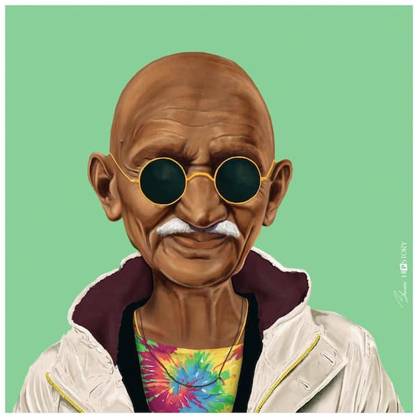 Empire Art Direct "Hip Mahatma Gandhi" Multi-color Free Floating Reverse Unframed Printed Tempered Art Glass Wall Art 24 in. x 24 in.