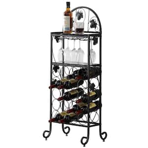 Metal Wine Rack with Glasses Holder, Freestanding Floor Bar Storage and Display Shelf Hold 20-Bottles Black