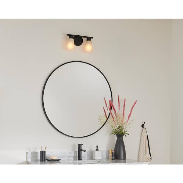 Stamos 13 in. 2-Light Black Modern Bathroom Vanity Light with Satin Etched Glass Shades