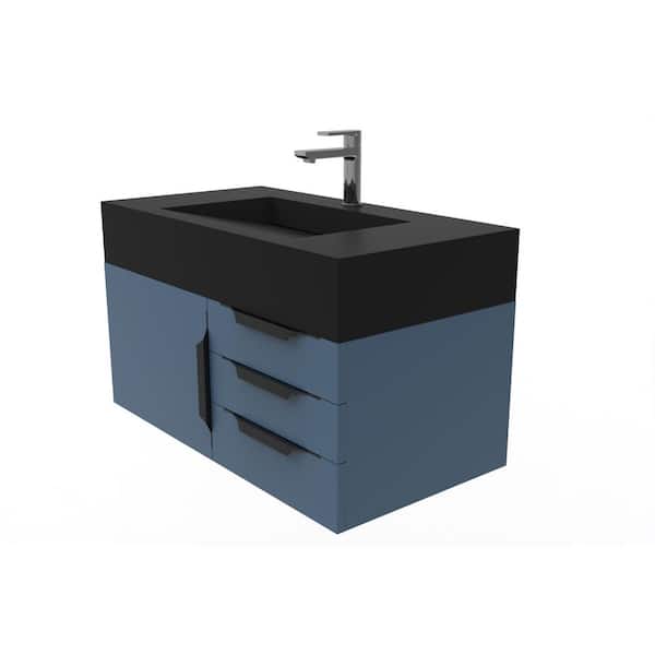 Nile 36 in. W x 19 in. D x 20 in. H Bath Vanity in Matte Blue with Black Trim and Black Solid Surface Top