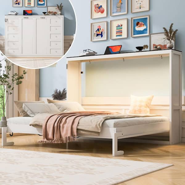 White Wood Frame Queen Murphy Bed with LED Light, can be Folded into a Cabinet