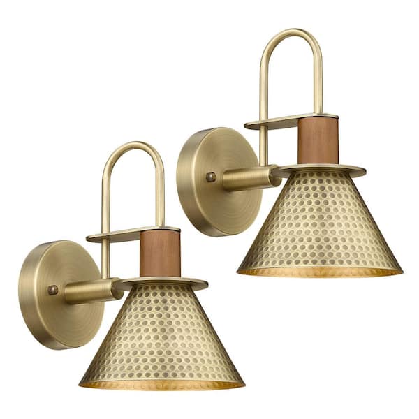 6.7 in. 1-Light Antique Brass Modern Gooseneck Wall Sconces Indoor Wall Lights with Hammered Metal Shade (2-Pack)