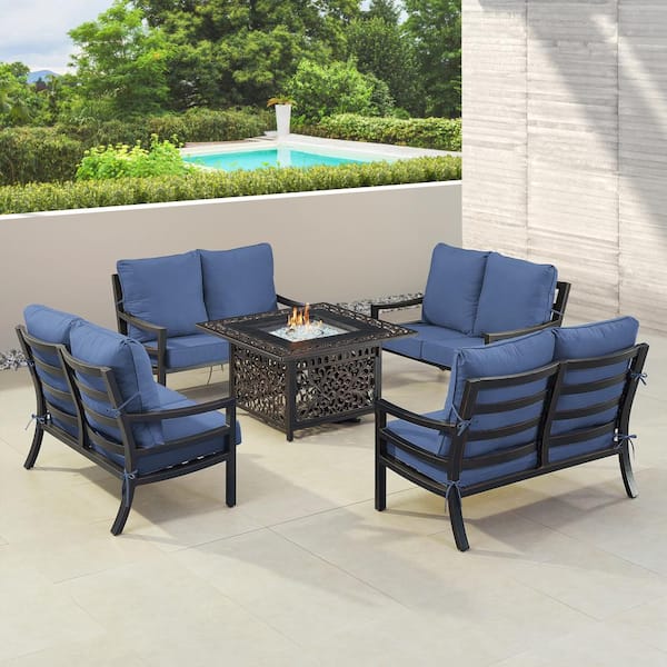 Oakland Living Black 6-Piece Aluminum Patio Fire Pit with 4-Deep Seating Loveseat Blue Cushions