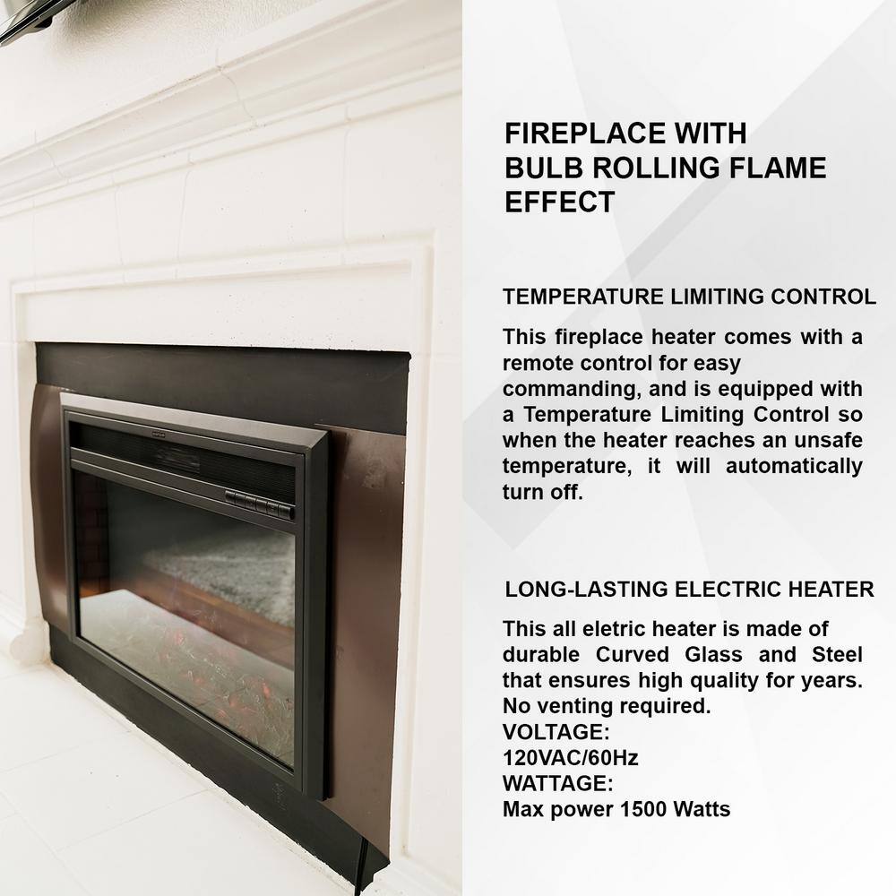 Black Electric Fireplace Insert with Remote Control and LED Flame Effect, 28 Inch