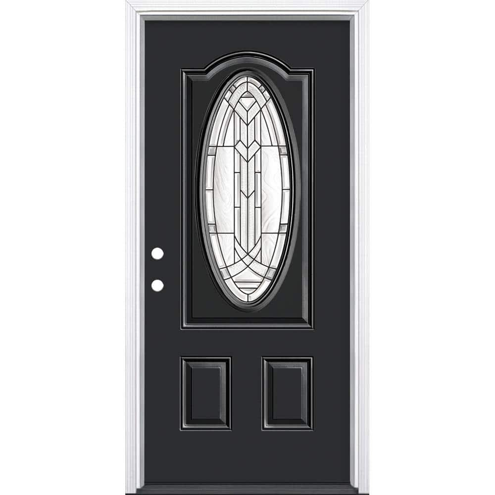 64.5 inch x 82.375 inch Blacksmith 3/4 Oval Lite 2-Panel Prefinished White  Left-Hand Inswing Steel Prehung Front Door with Sidelites and Brickmould