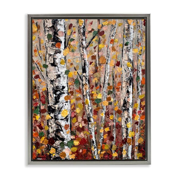 Stupell Industries Autumn Birch Trees Abstract Leaves by Jen Seeley 1-Piece Gray Floater Frame Nature Graphic Art Print 17 in. x 21 in.
