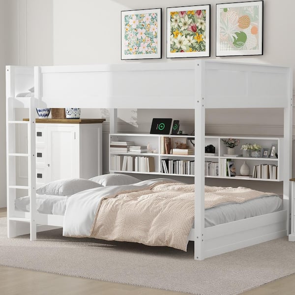 White Queen over Queen Bunk Bed with USB Ports and Storage Cabinets
