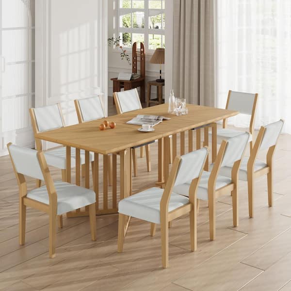 Harper & Bright Designs 9-Piece Rectangle Natural Wood Top Extendable Dining Table Set with 2 Removable Leaves and 8 Upholstered Chairs