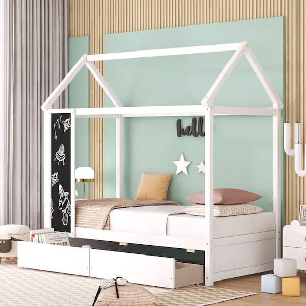 Harper & Bright Designs White Twin Size Wood House Bed with 2-Drawers and Blackboard
