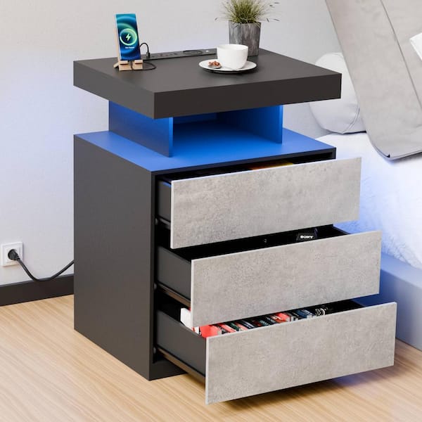 Modern Gray/Black 3-Drawer 26.8 in. H x 19.7 in. W x 15.8 in. D Nightstand with Charging Station and RGB LED Light Strip
