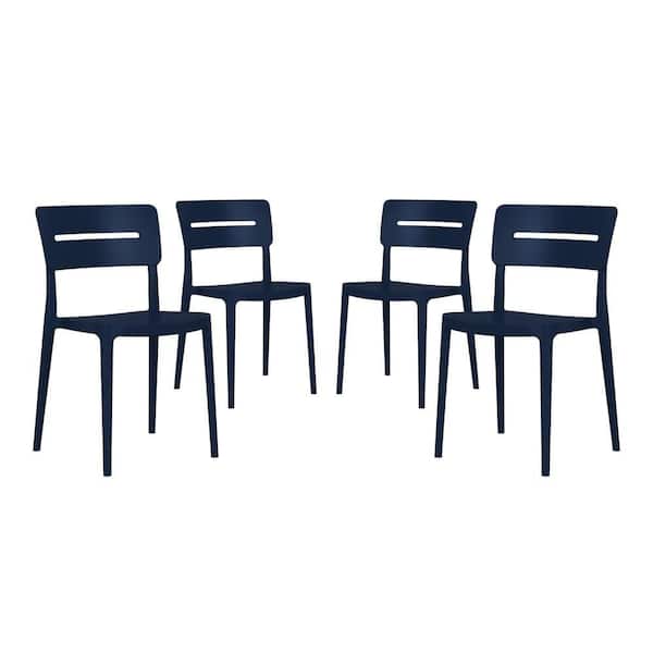 Frond and Form Outdoor Patio Modern Poly Plastic Stacking Dining Side Chair (Set of 4), Navy Blue