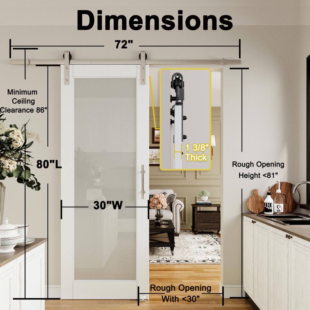 30 in. x 80 in. Primed White MDF Sliding Barn Door with Frosted Glass and Nickel Hardware