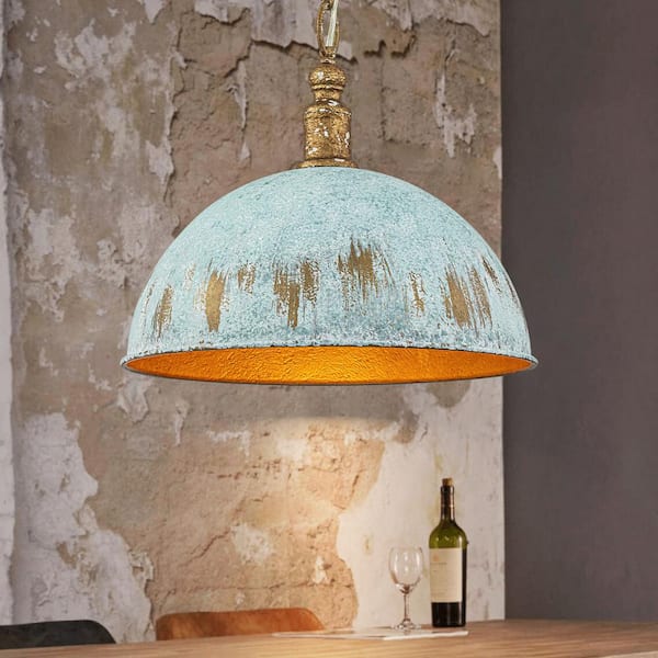 Apricity 1-Light 15.35 in. Peacock Green and Vintage Gold Dome Pendant Light with Rustic Finish