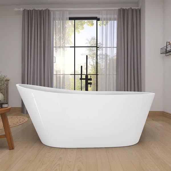 Neo 59 in. x 29.2 in. Acrylic Freestanding Soaking Bathtub Double Slipper Flatbottom Modern Tub with Side Drain in White