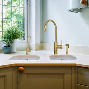 Single Handle Deck Mount Standard Kitchen Faucet with Side Spray in Brushed Gold
