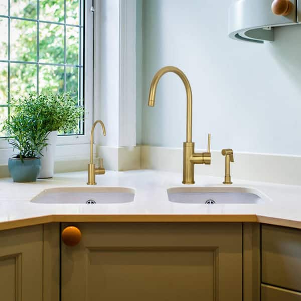 Single Handle Deck Mount Standard Kitchen Faucet with Side Spray in Brushed Gold